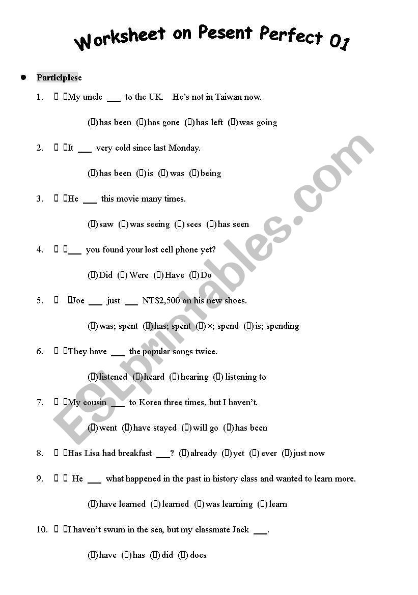 present perfect 01 worksheet