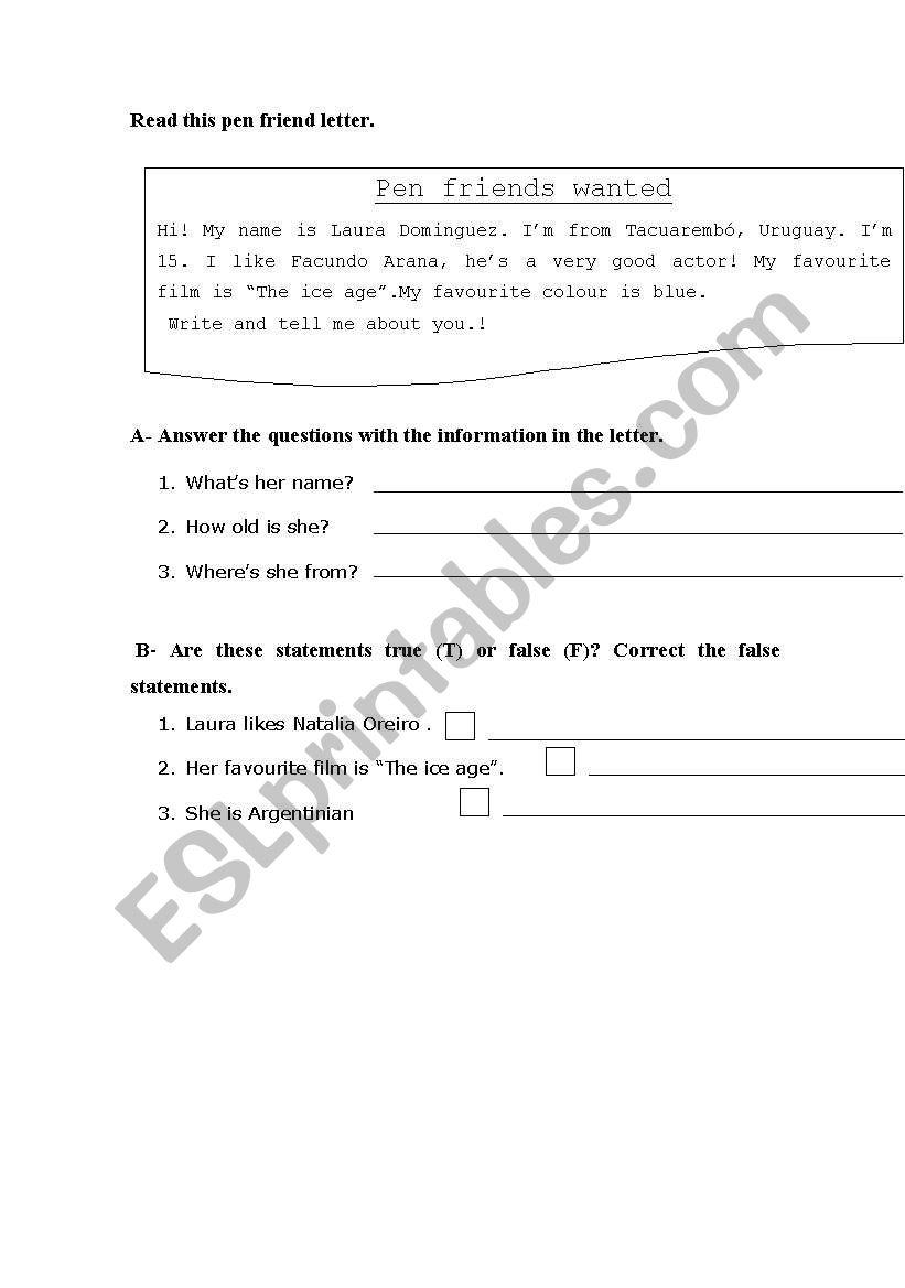 Pen friend letter worksheet