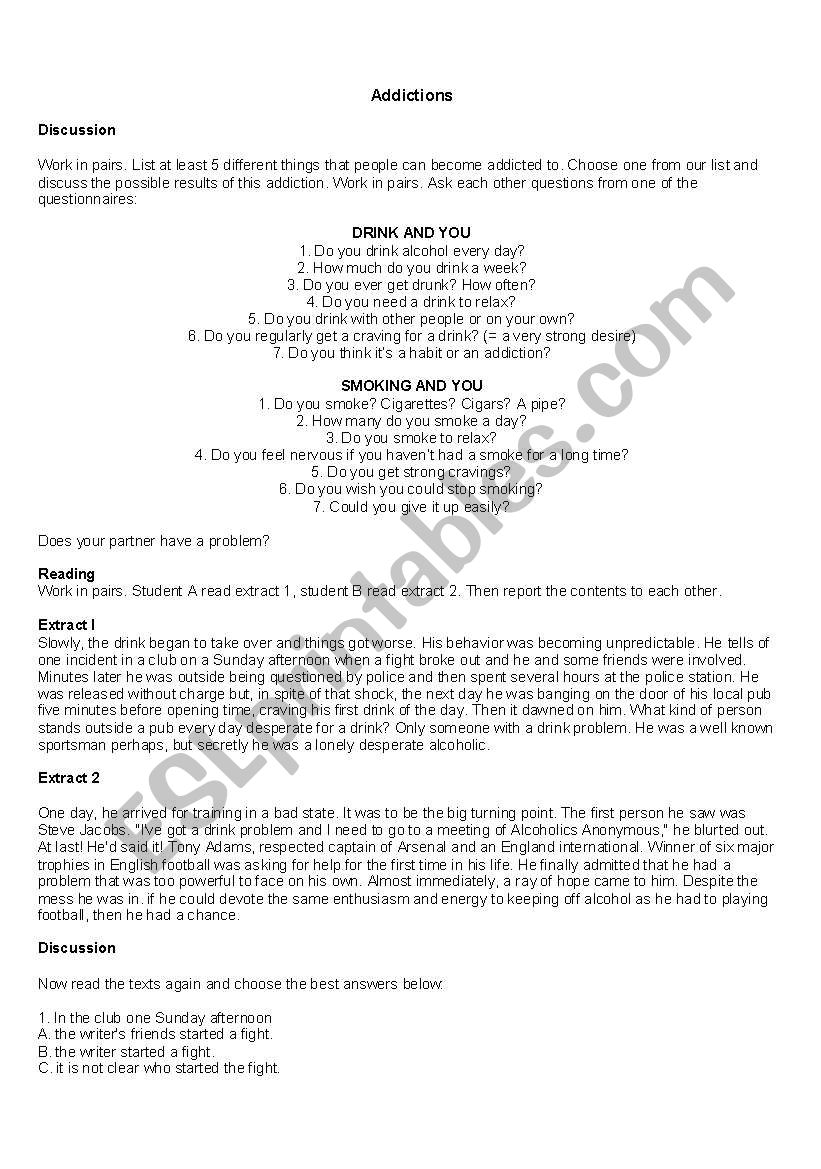 Addiction worksheet