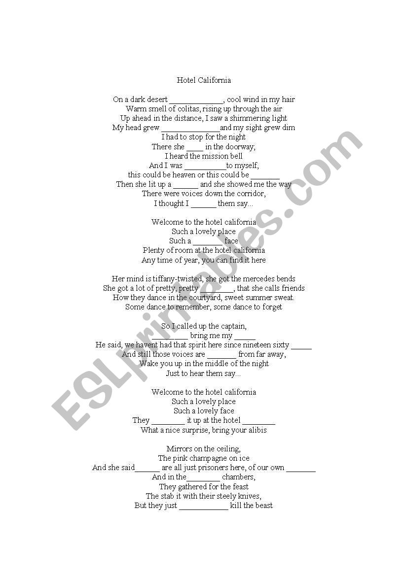 Hotel California lyrics worksheet