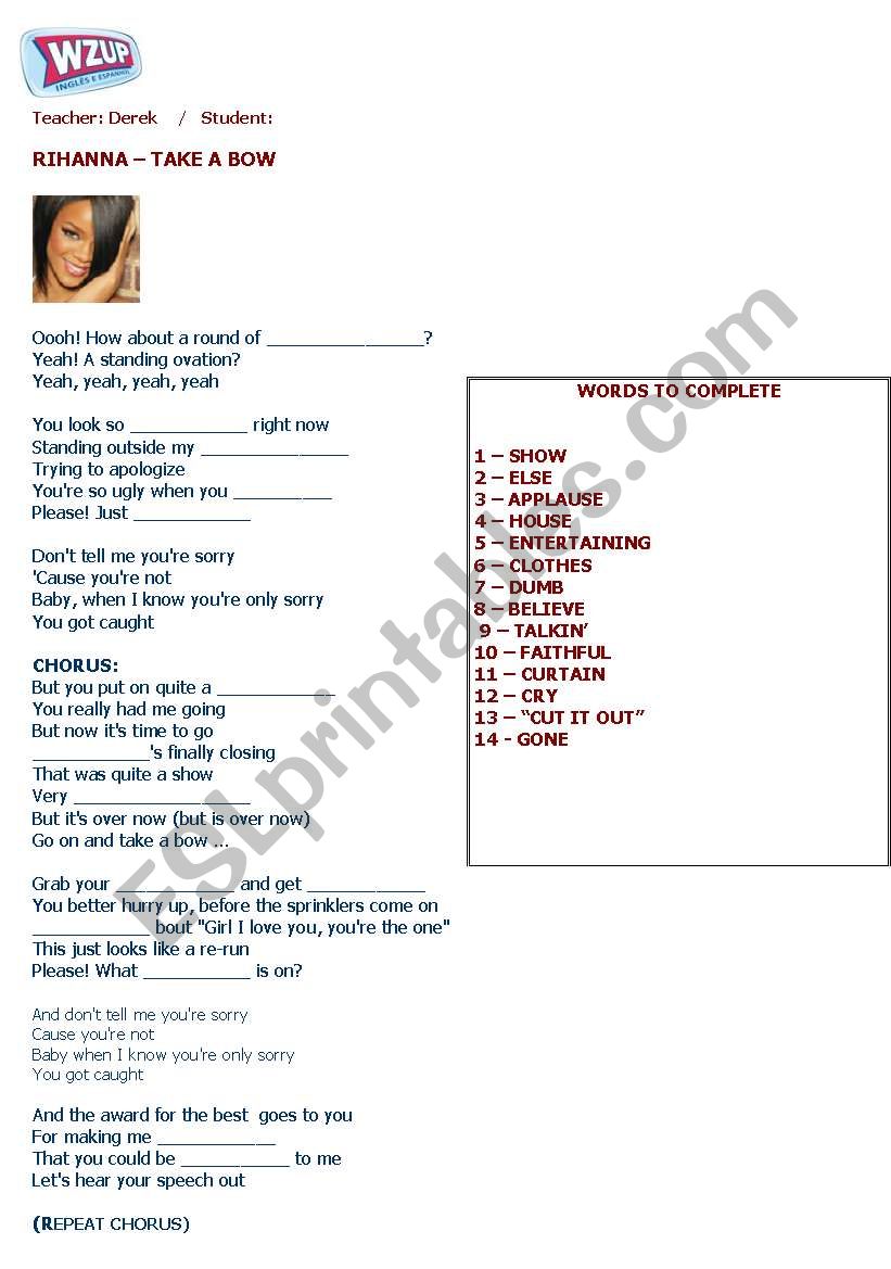 Rihanna - Take a bow worksheet