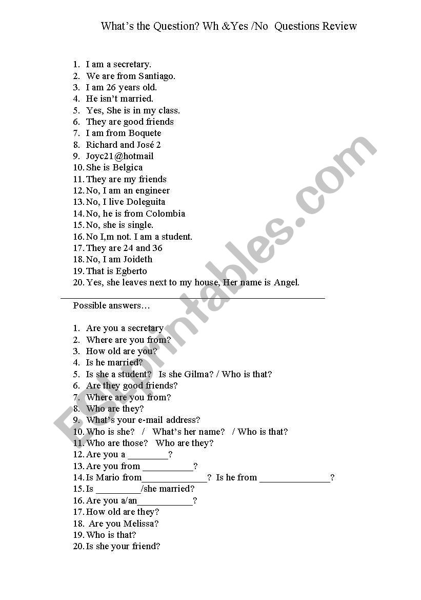 Whats the question? worksheet