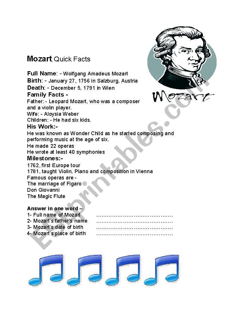Mozart , the great composer worksheet