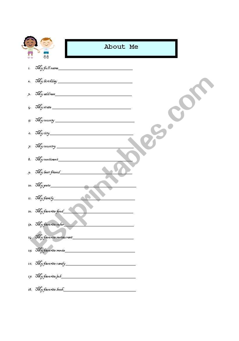 About Me Worksheet worksheet