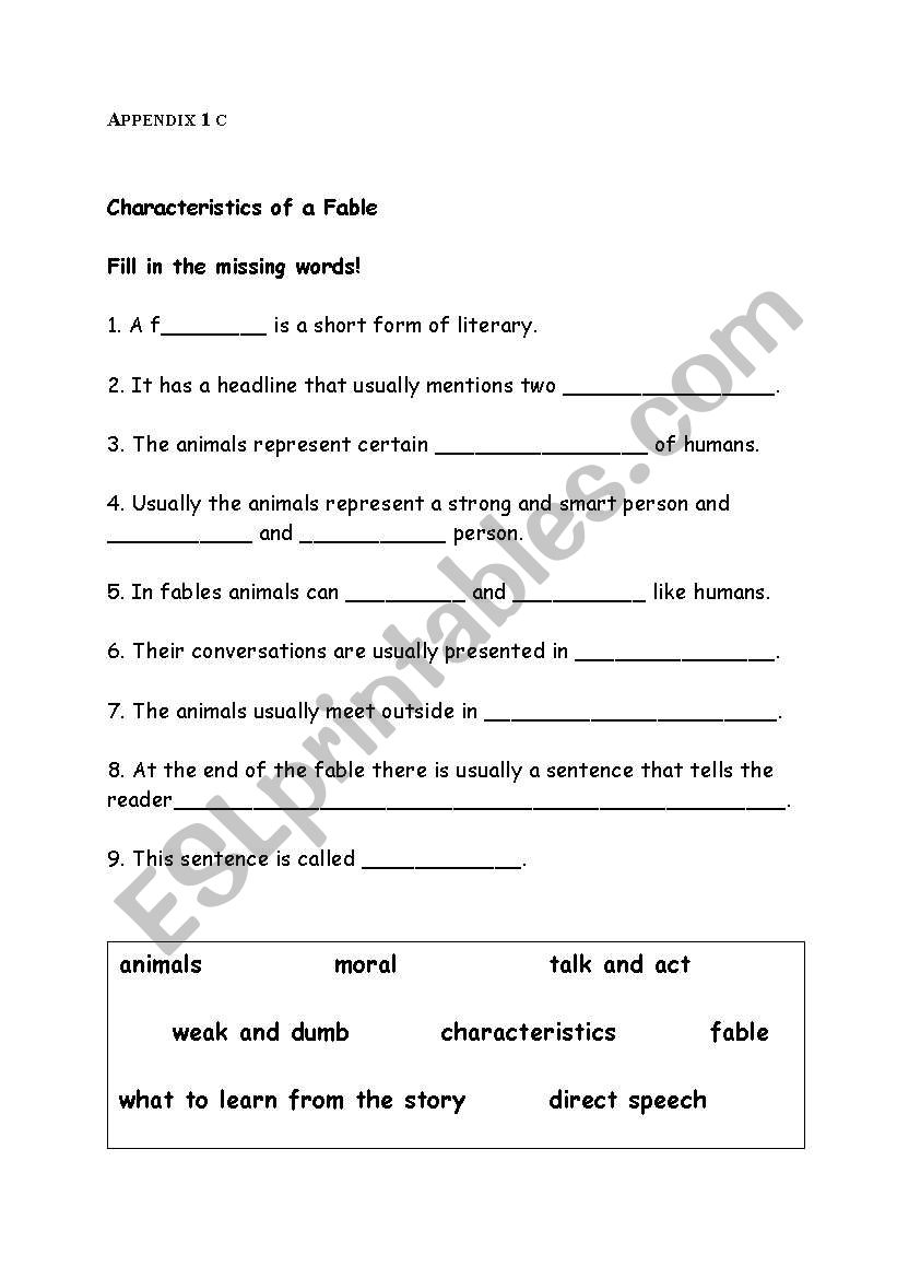 Characteristics of Fables worksheet