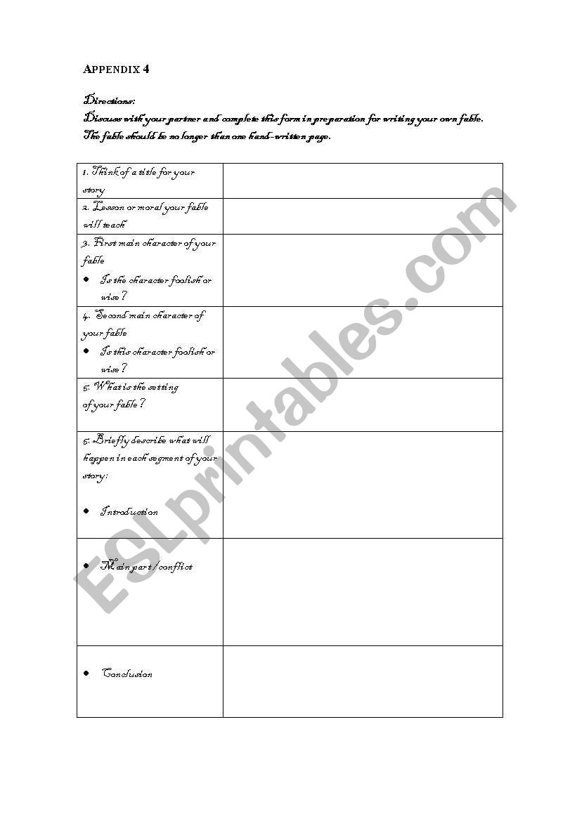 Writing your own fable worksheet