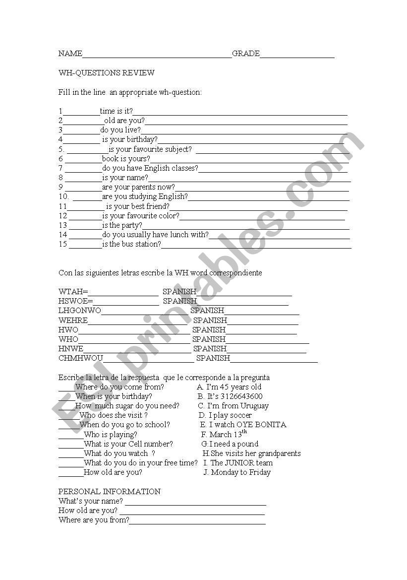 WH   QUESTIONS EXERCISES worksheet