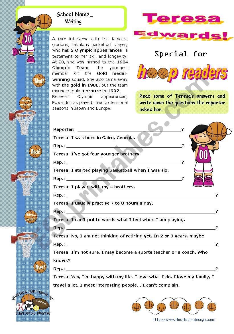 Guided writing activity  on the topic Sports - Basketball:  1st,  completing an Interview and then writing another one after a factfile   - Upper Elementary and Intermediate Students