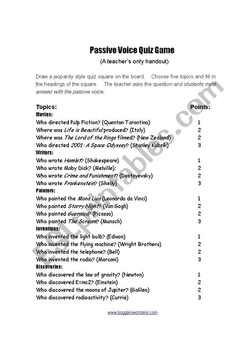 Passive quiz worksheet