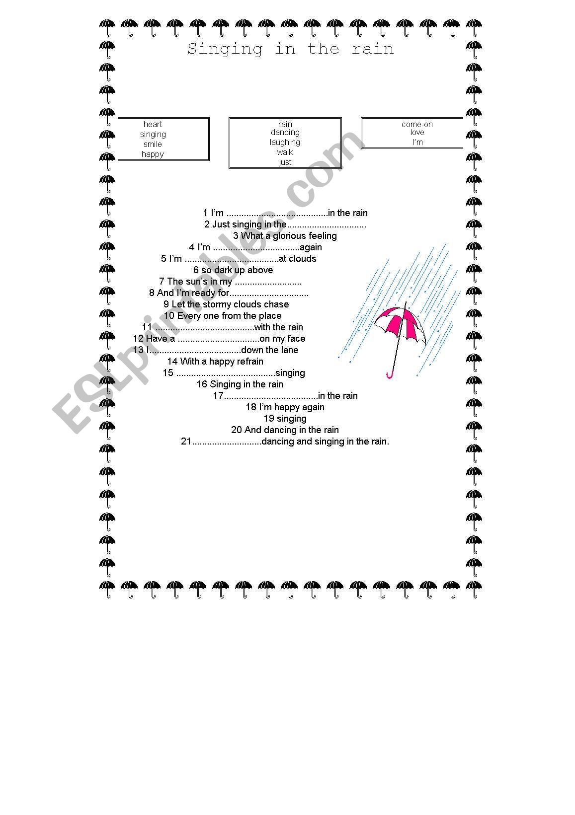 singing in the rain  worksheet