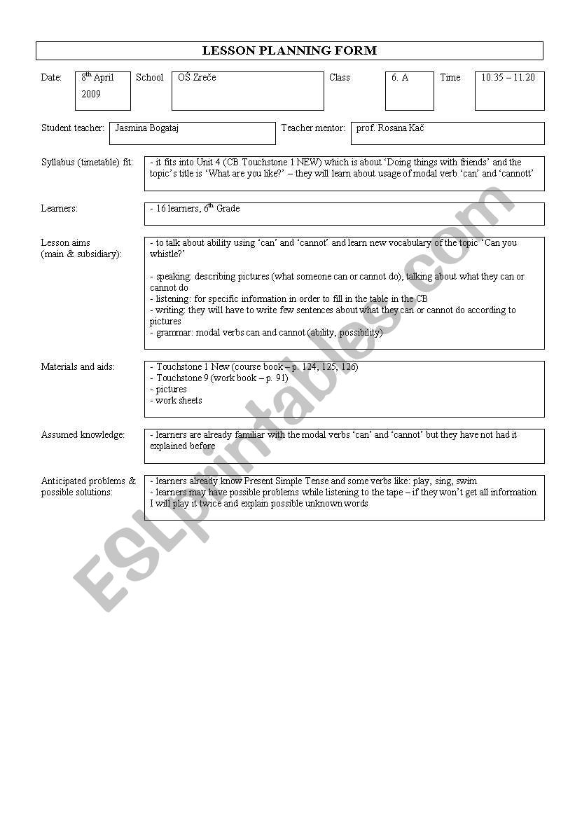 Can/cant lesson plan worksheet