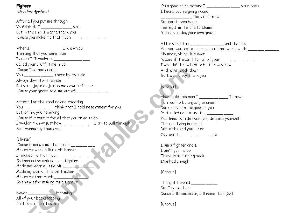 Cristina Aguilera - Fighter worksheet