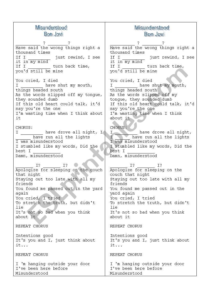 Misunderstood - song worksheet