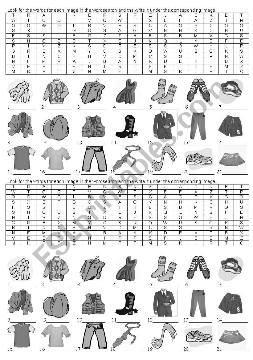 Clothes wordsearch worksheet