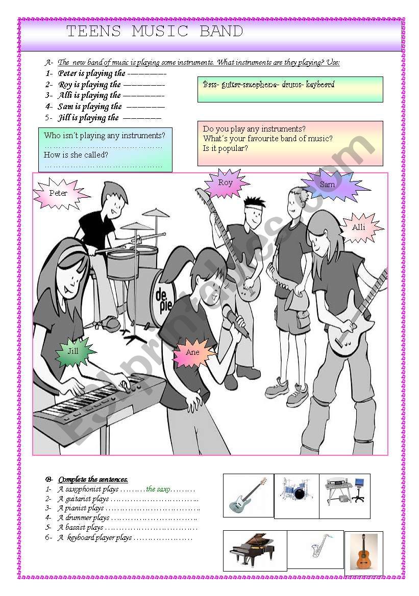 teens music band worksheet