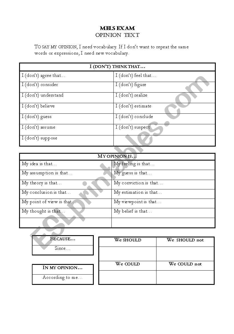 Write an opinion text worksheet