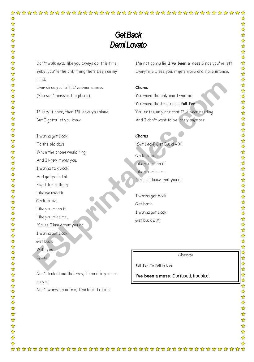 Get Back - Demi Lovato Lycris worksheet