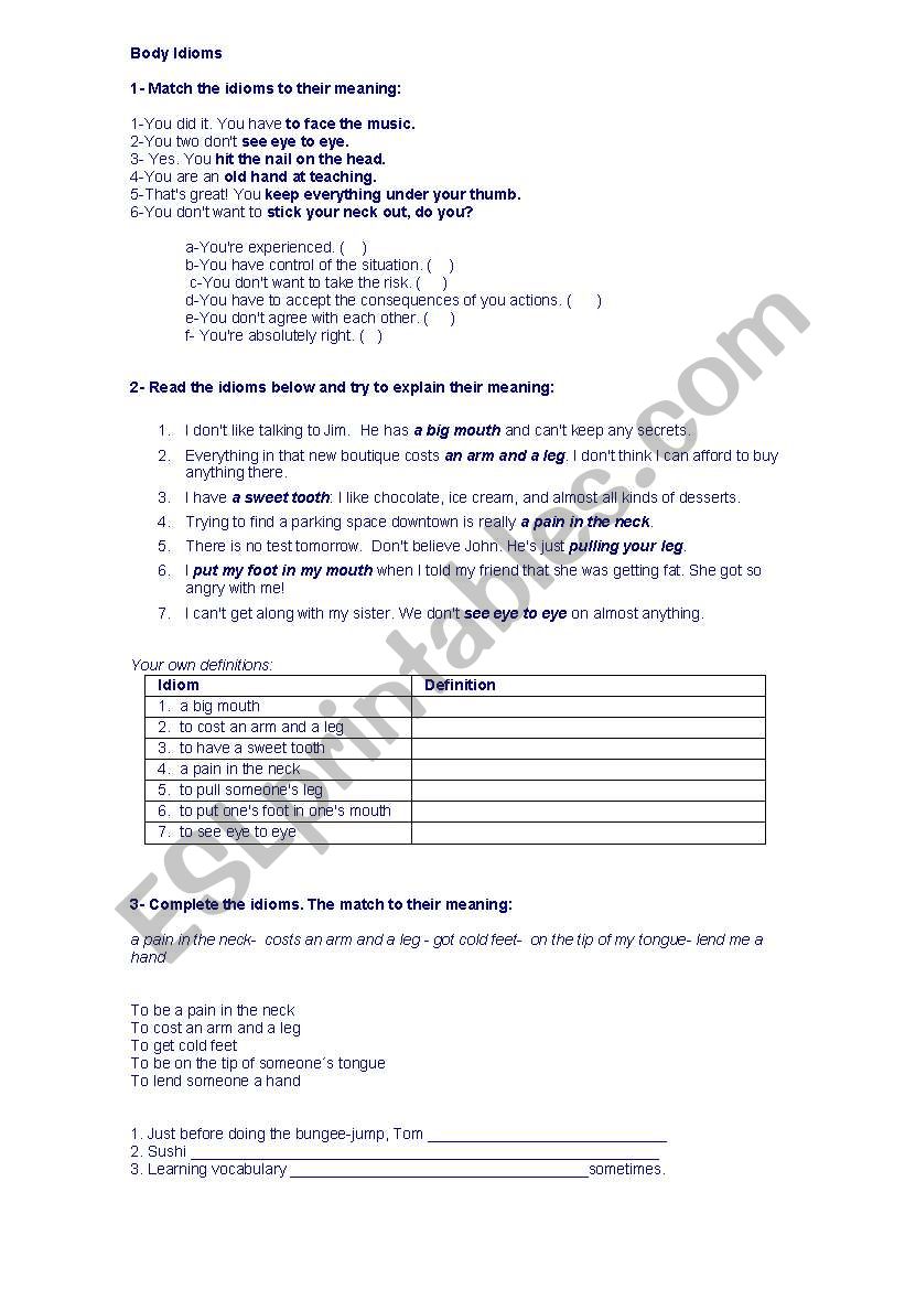 Body Idioms worksheet