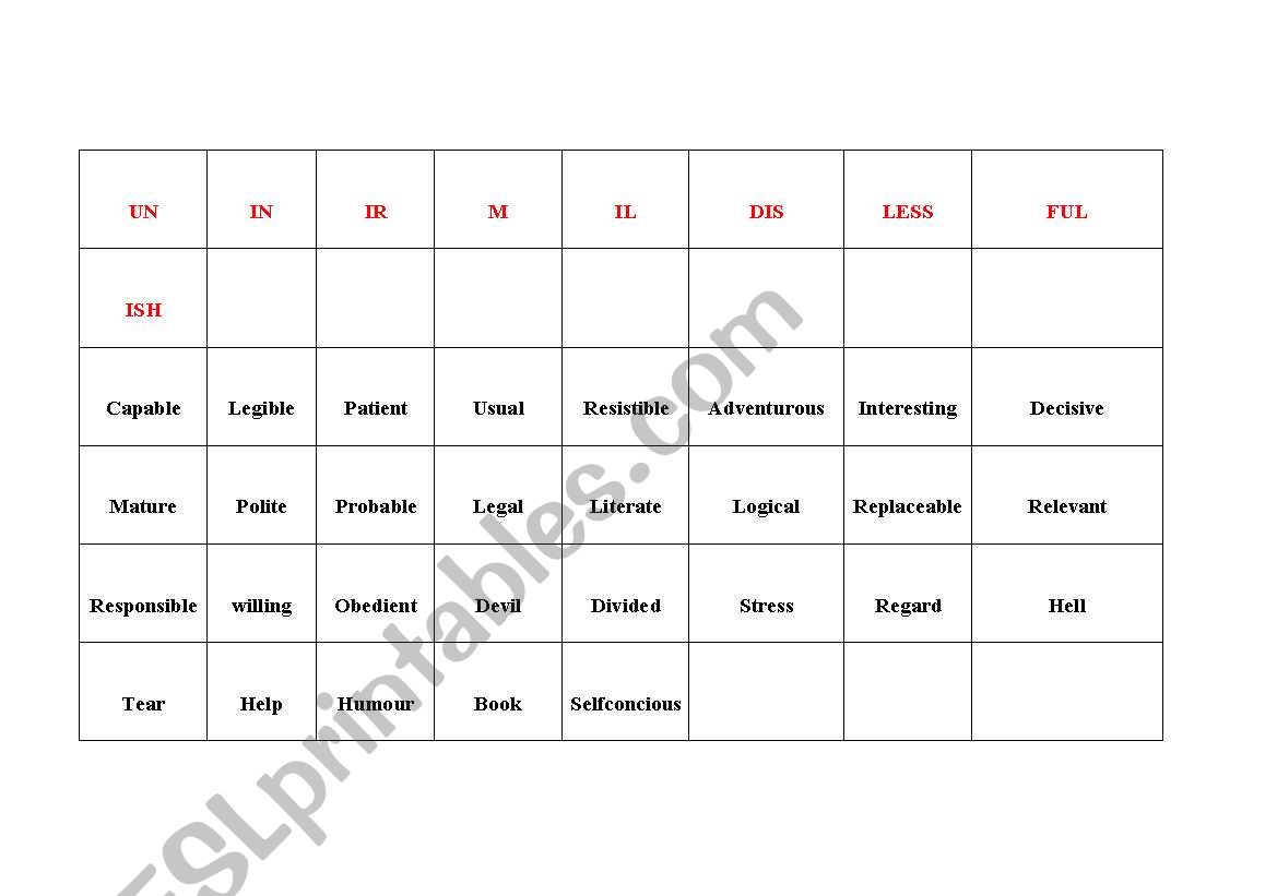 PREFIXES worksheet