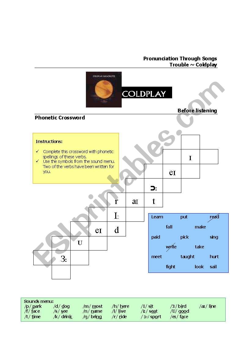 Pronunciation through songs worksheet
