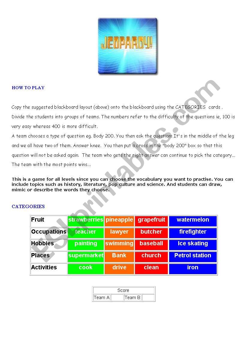 Game : Jeopardy!  Game procedure  and lots of cards ( 9 pages )