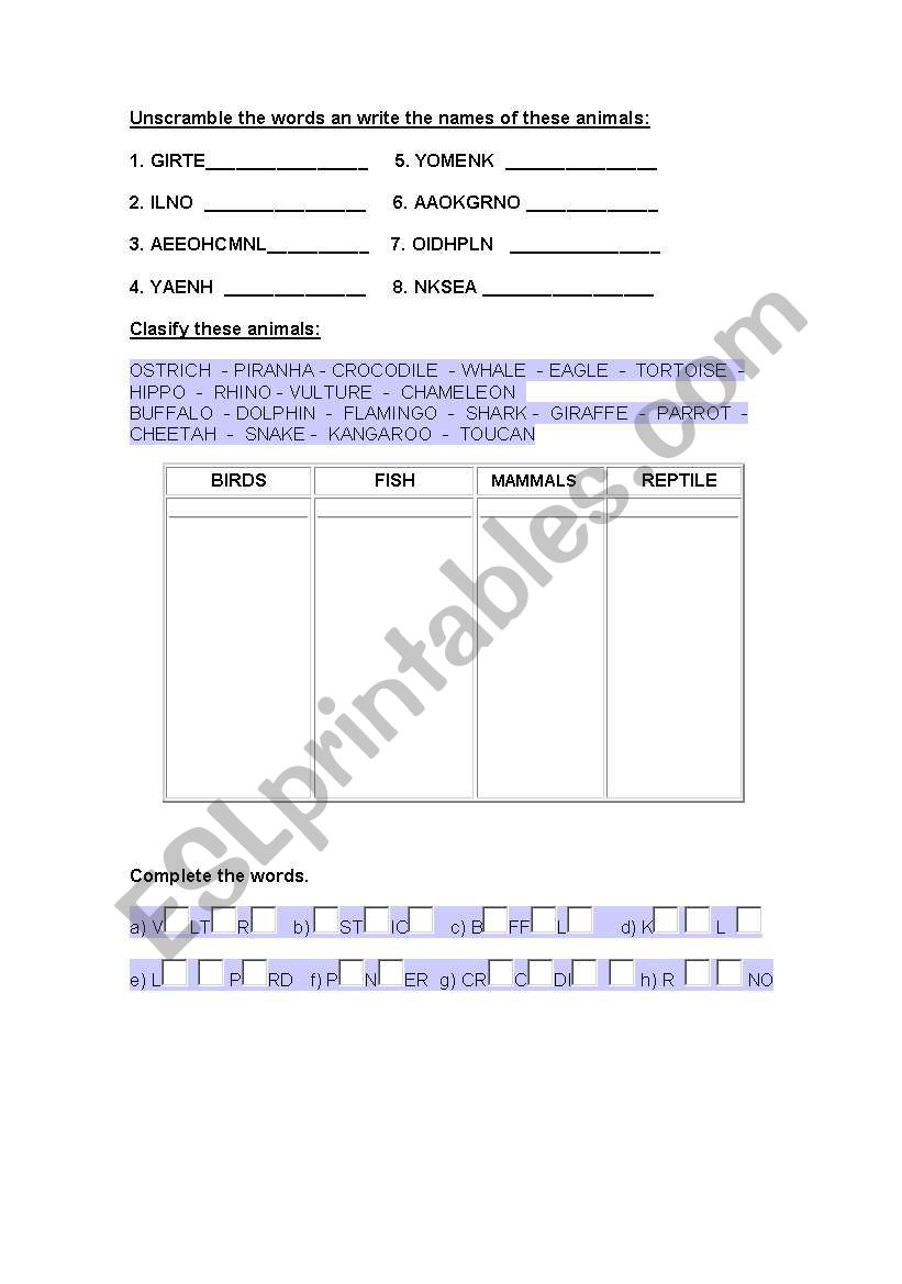 ANIMALS WORSHEET worksheet