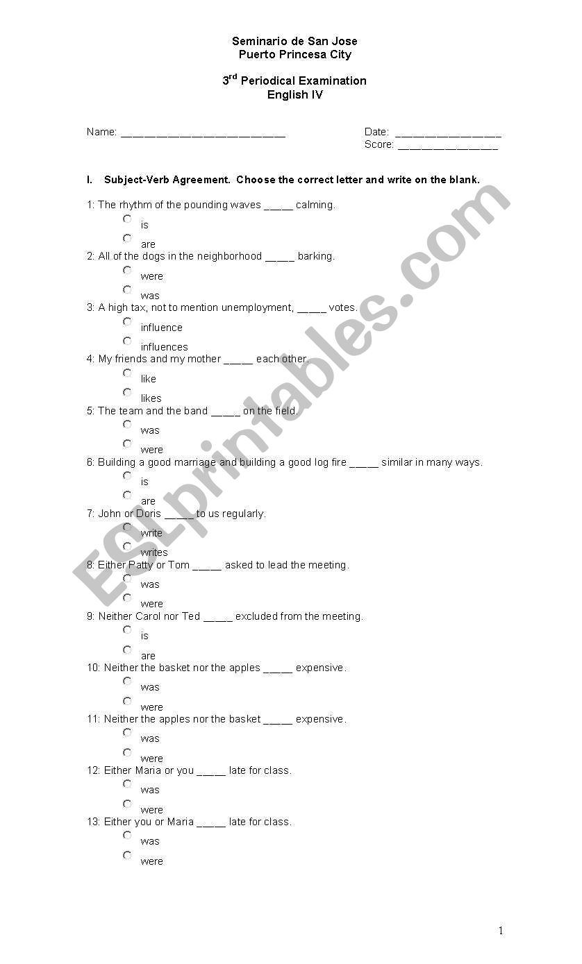 Grammar examination worksheet