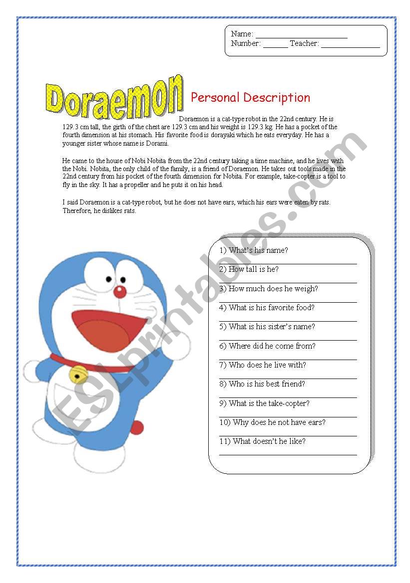 Doraemon Descripition worksheet