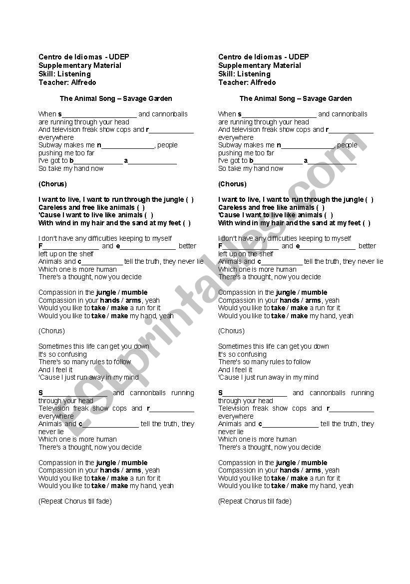 The Animal Song worksheet