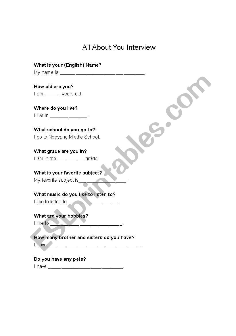 All About You Interview worksheet