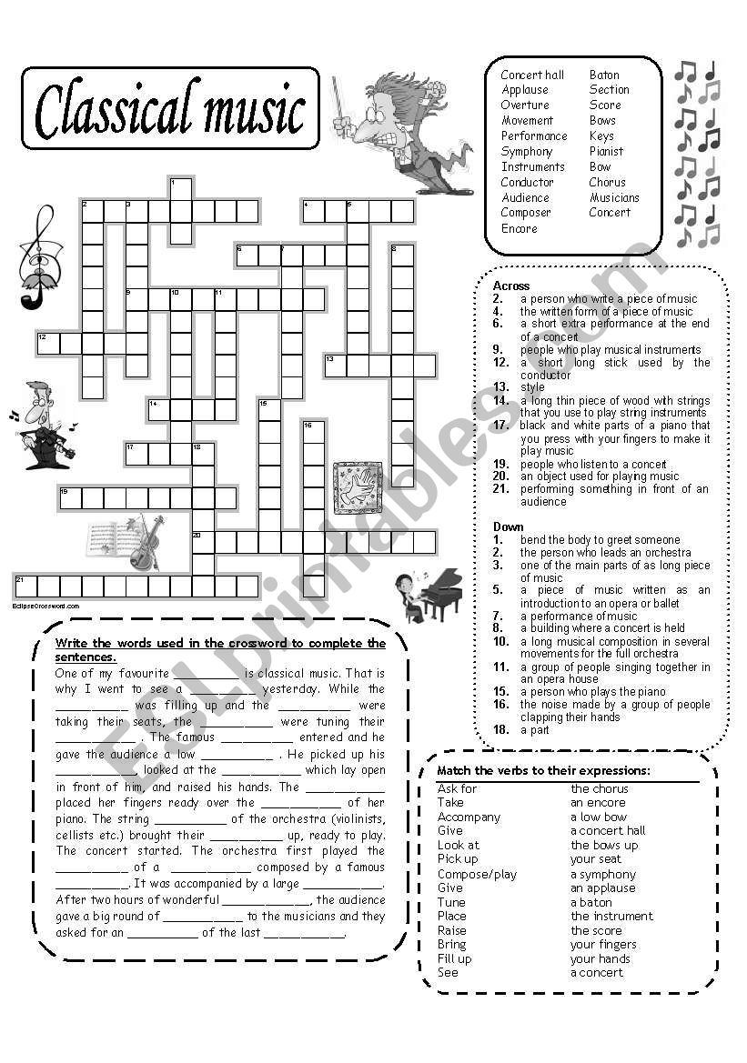 Classical music crossword b&w worksheet