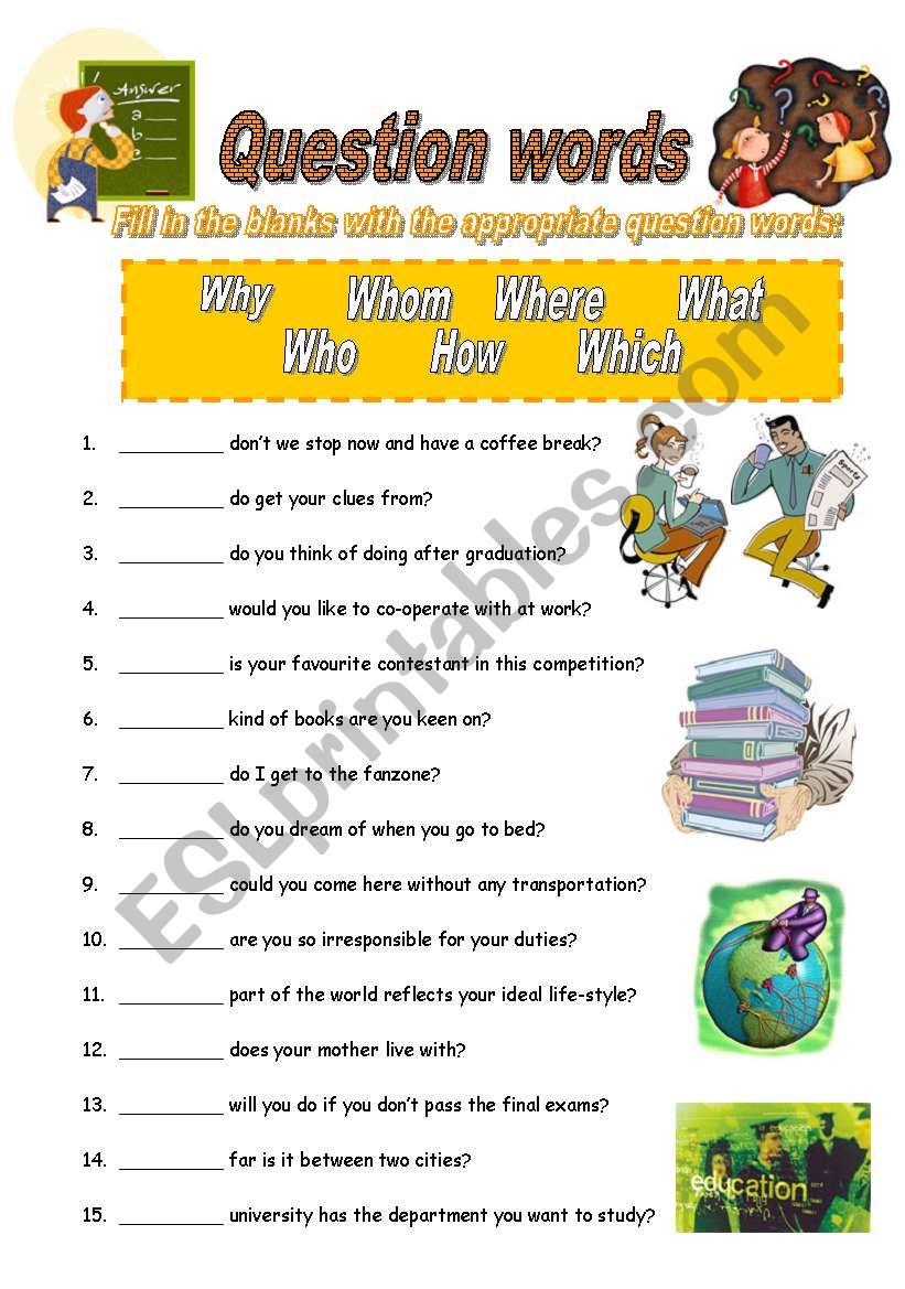 Question Words for elementary worksheet