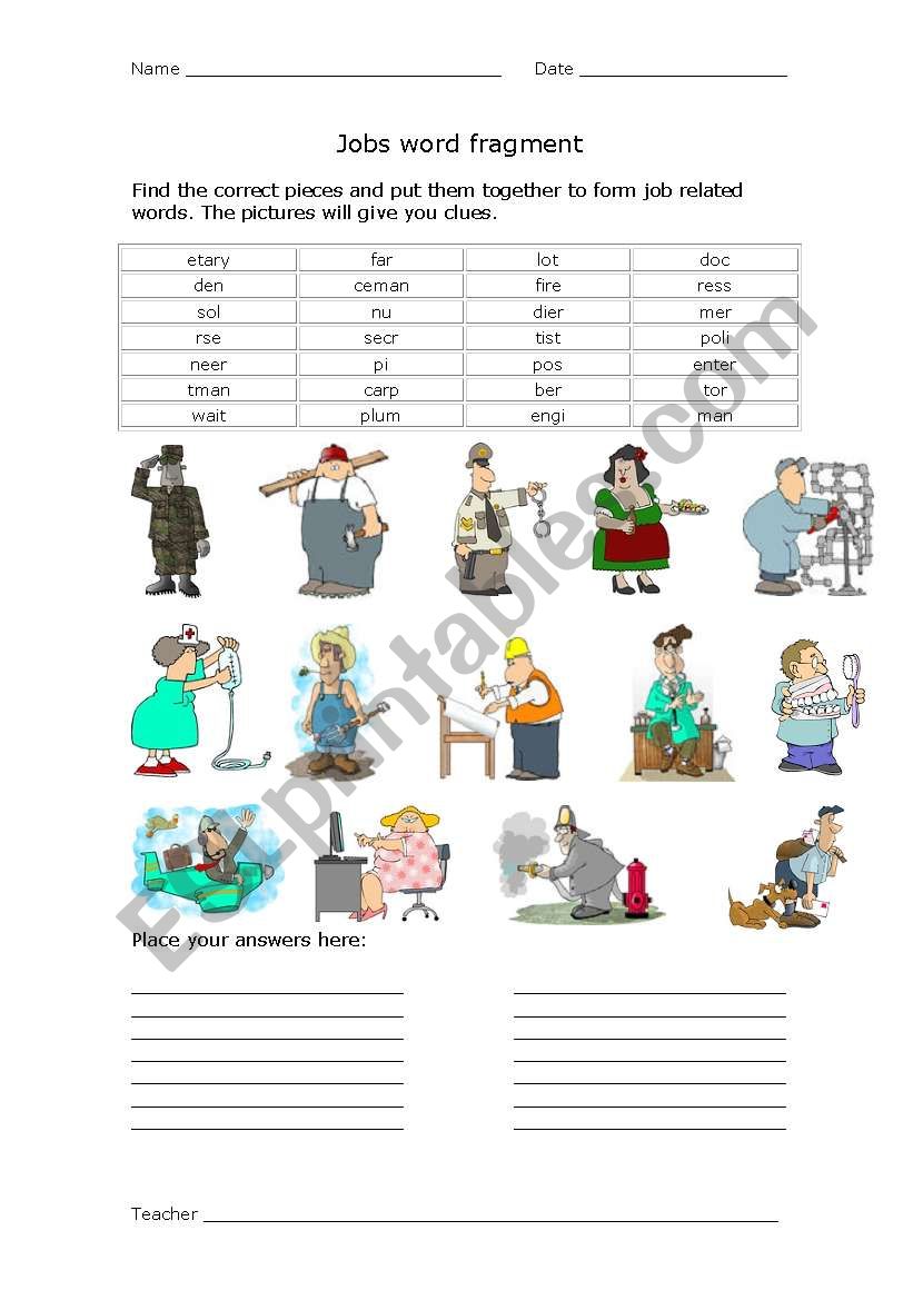 Jobs Word Fragments worksheet