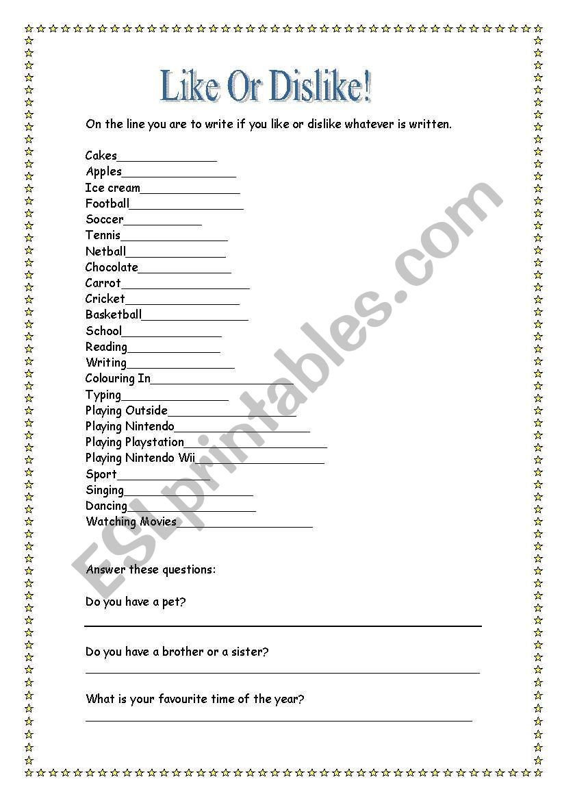 Like Or Dislike. worksheet