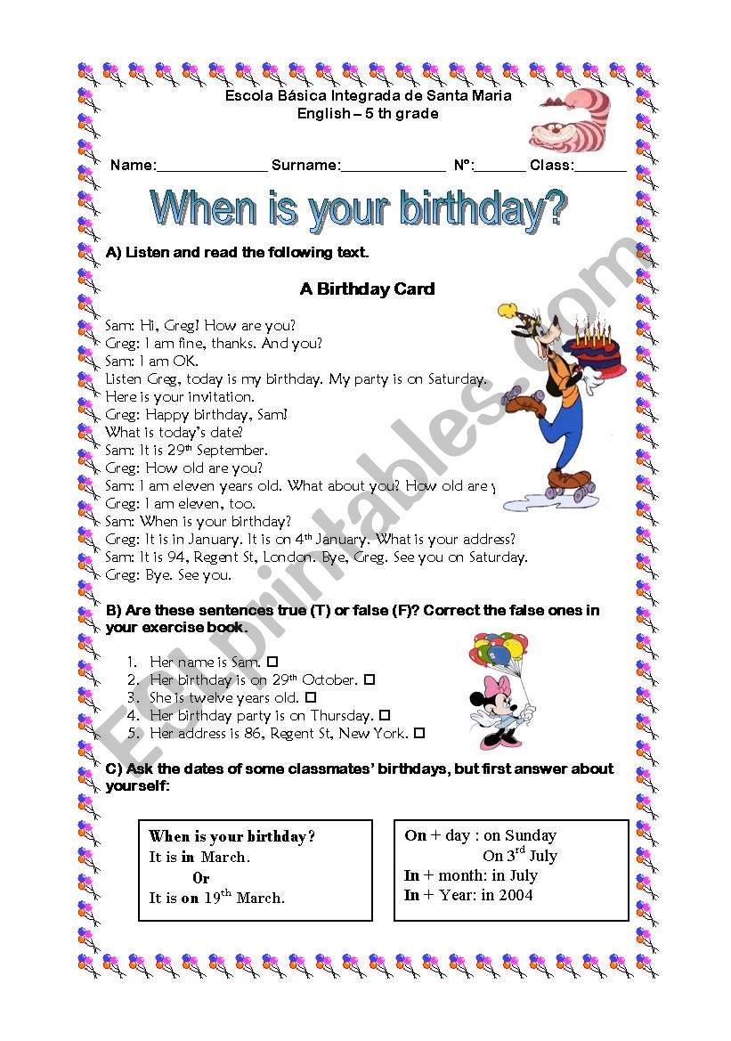 birthday worksheet