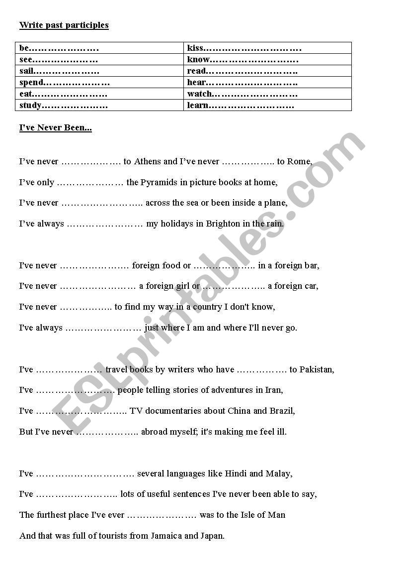 Ive never been to worksheet