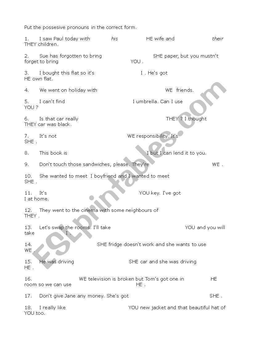 Possesive pronouns worksheet