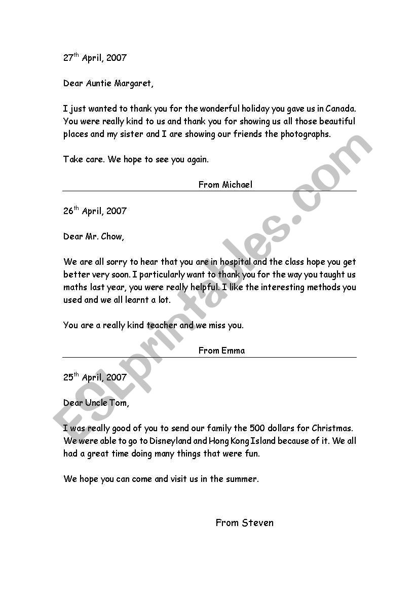 Thank you letter examples worksheet
