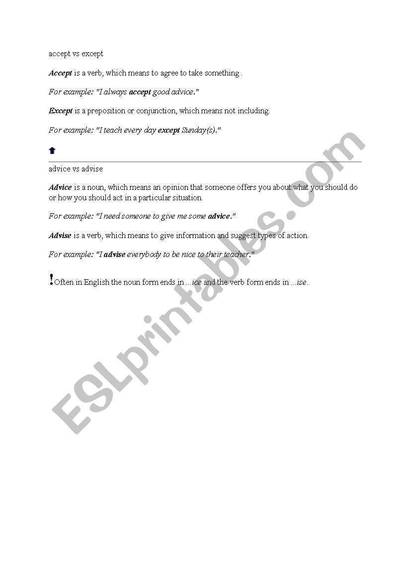 confusing words accept&except worksheet