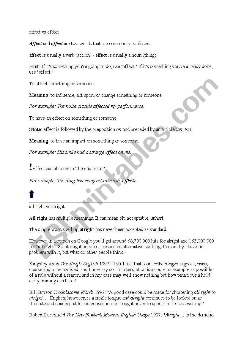 English worksheets: confusing words Inside Affect Vs Effect Worksheet