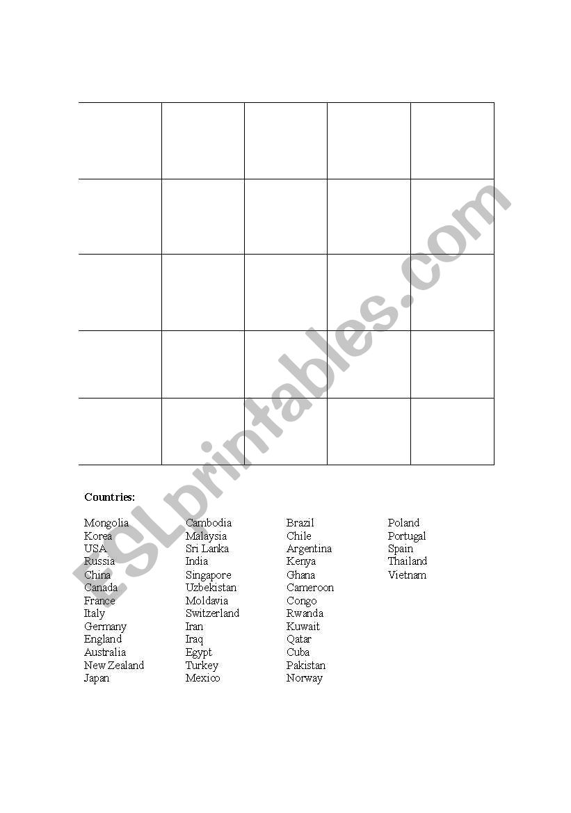 Country names BINGO sheet worksheet