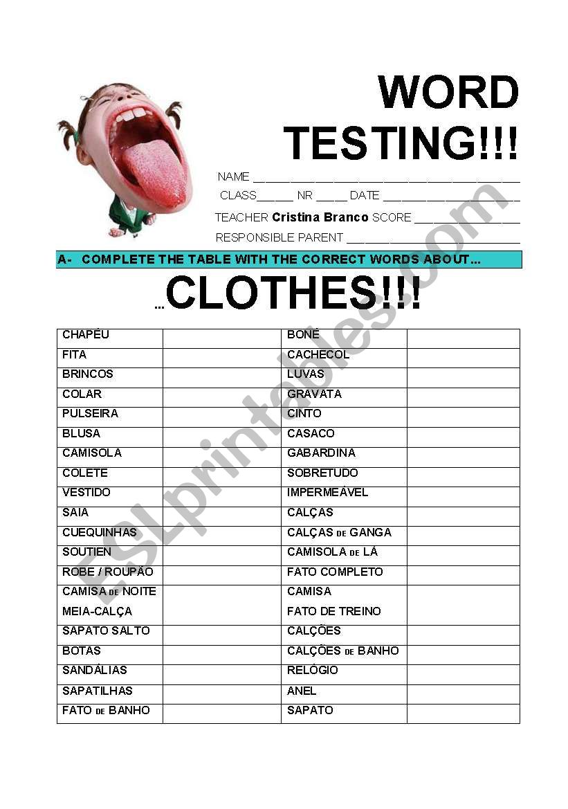 Word Testing worksheet