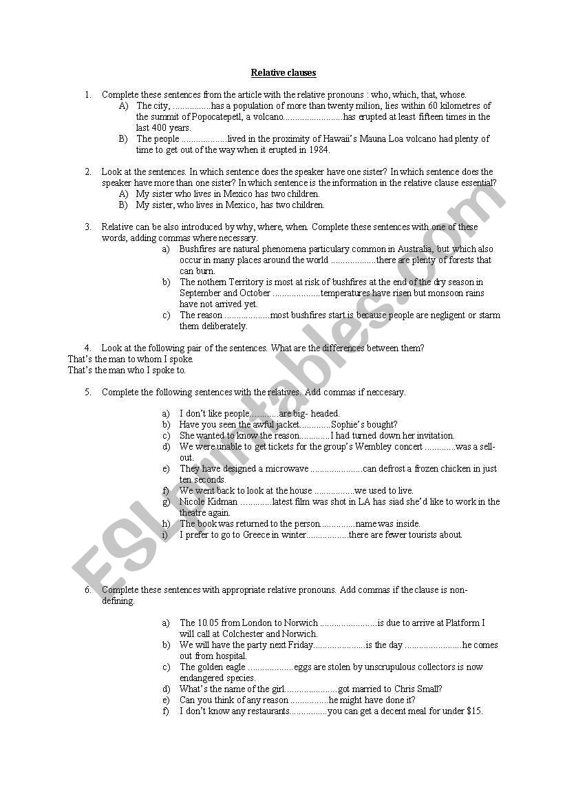 RELATIVE CLAUSES worksheet