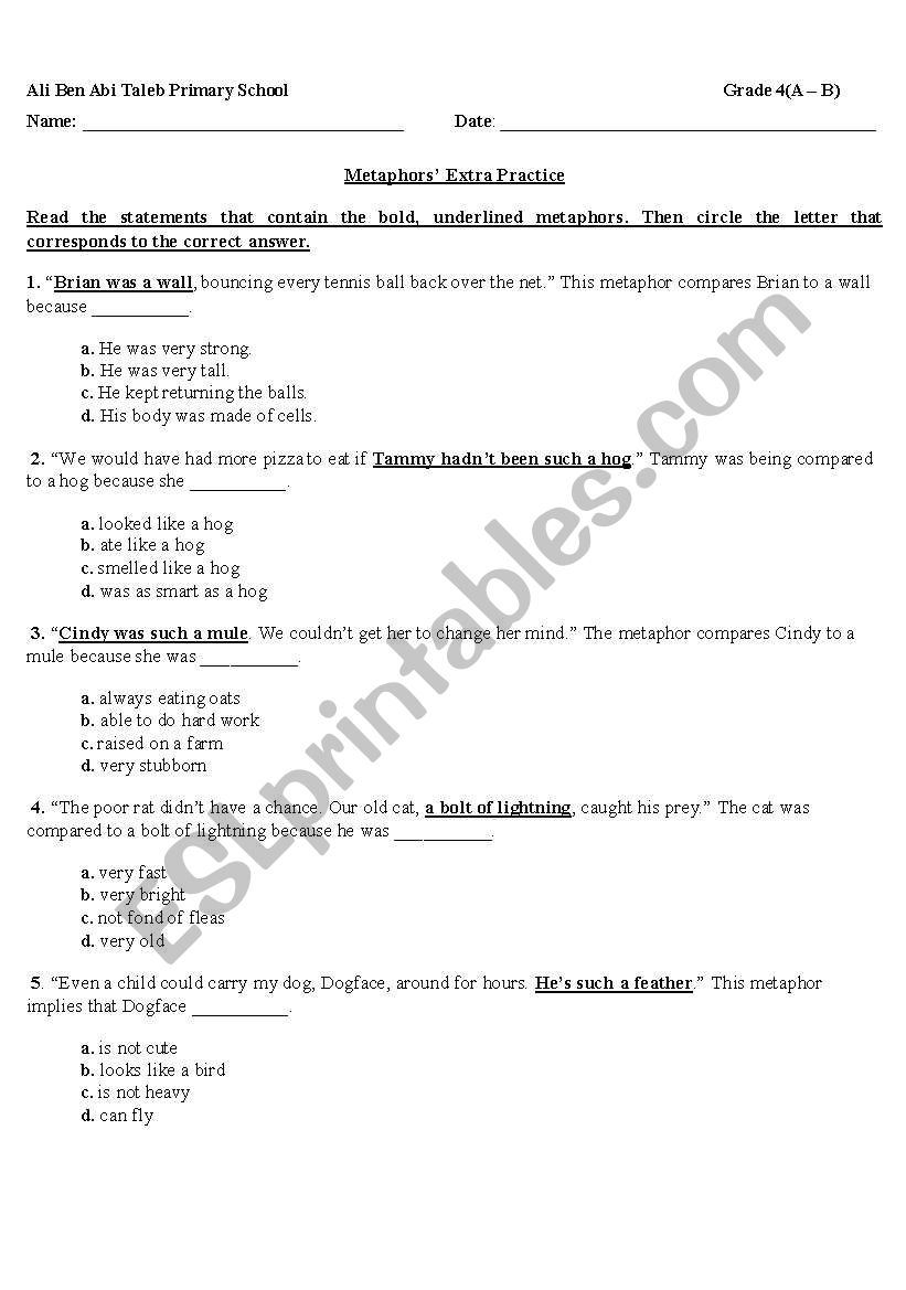 Metaphors Practice worksheet