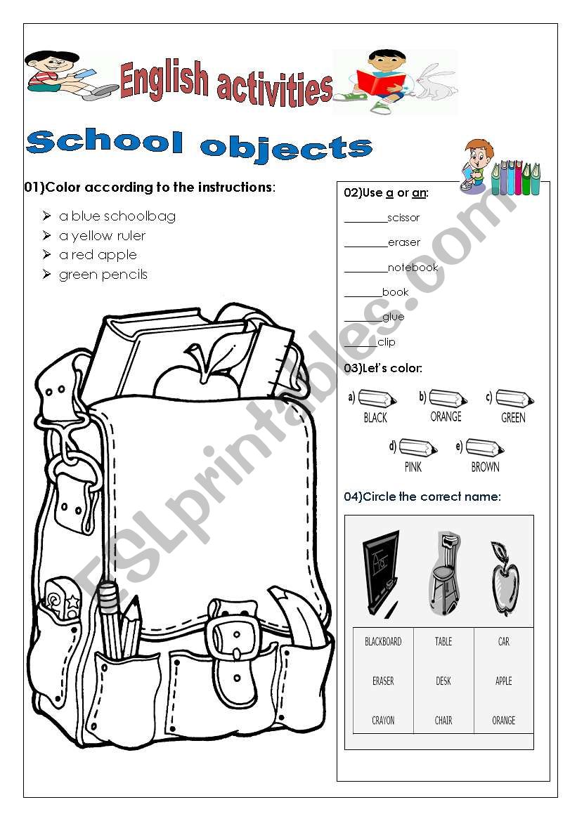 school objects worksheet