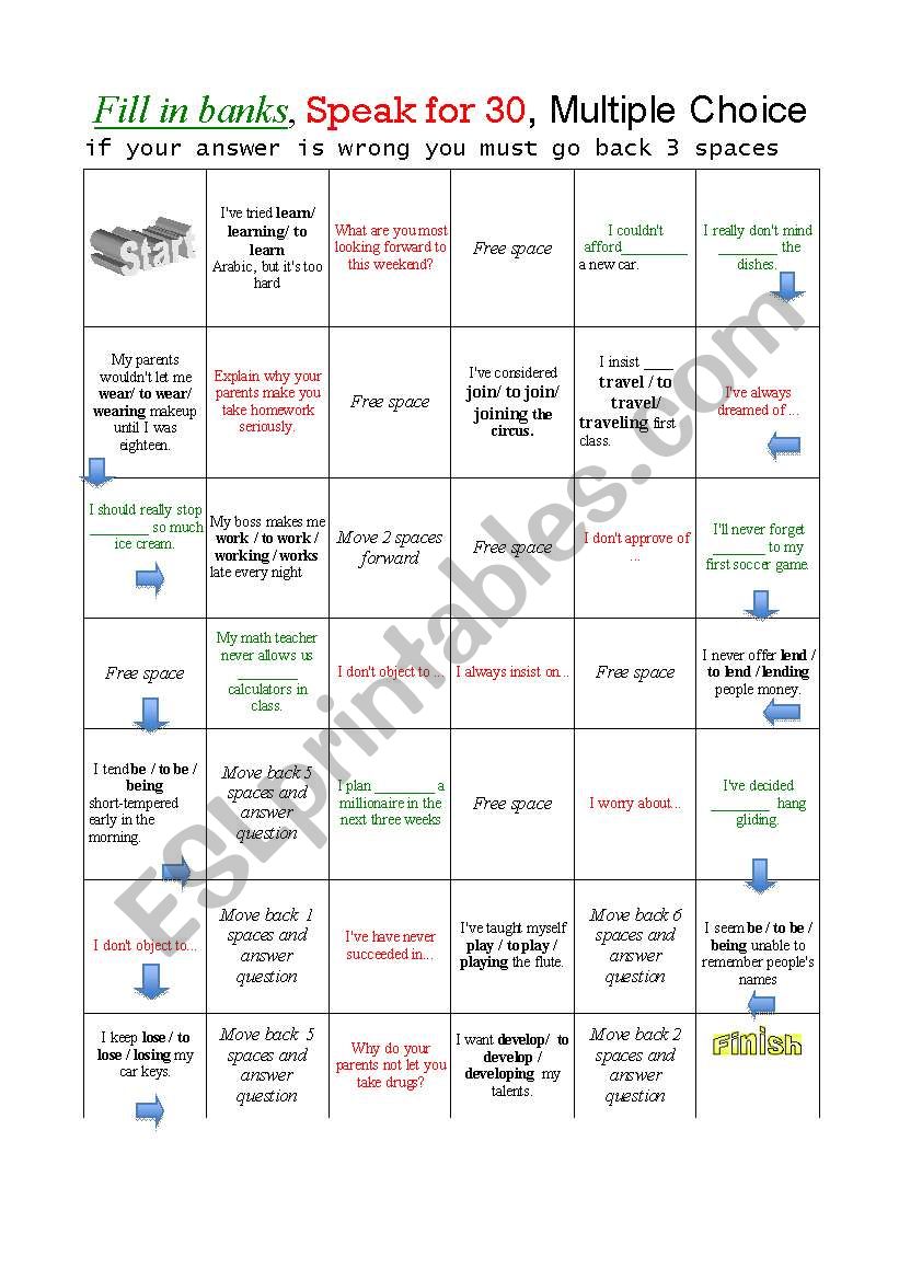 Board game to practice -ing and inf