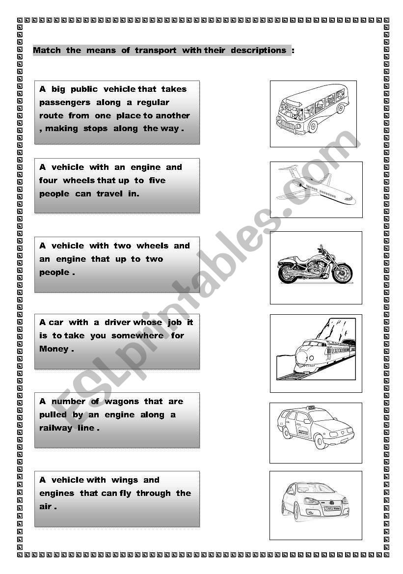 mean of transport worksheet