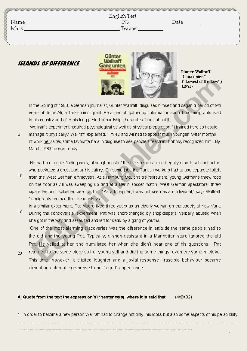 Test about discrimination of immigrants and elderly people (4 pages)+ key