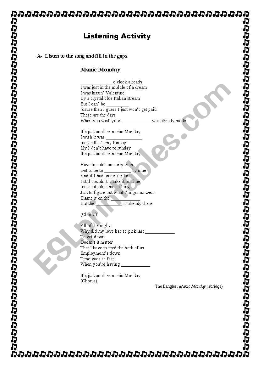 Song Manic Monday worksheet