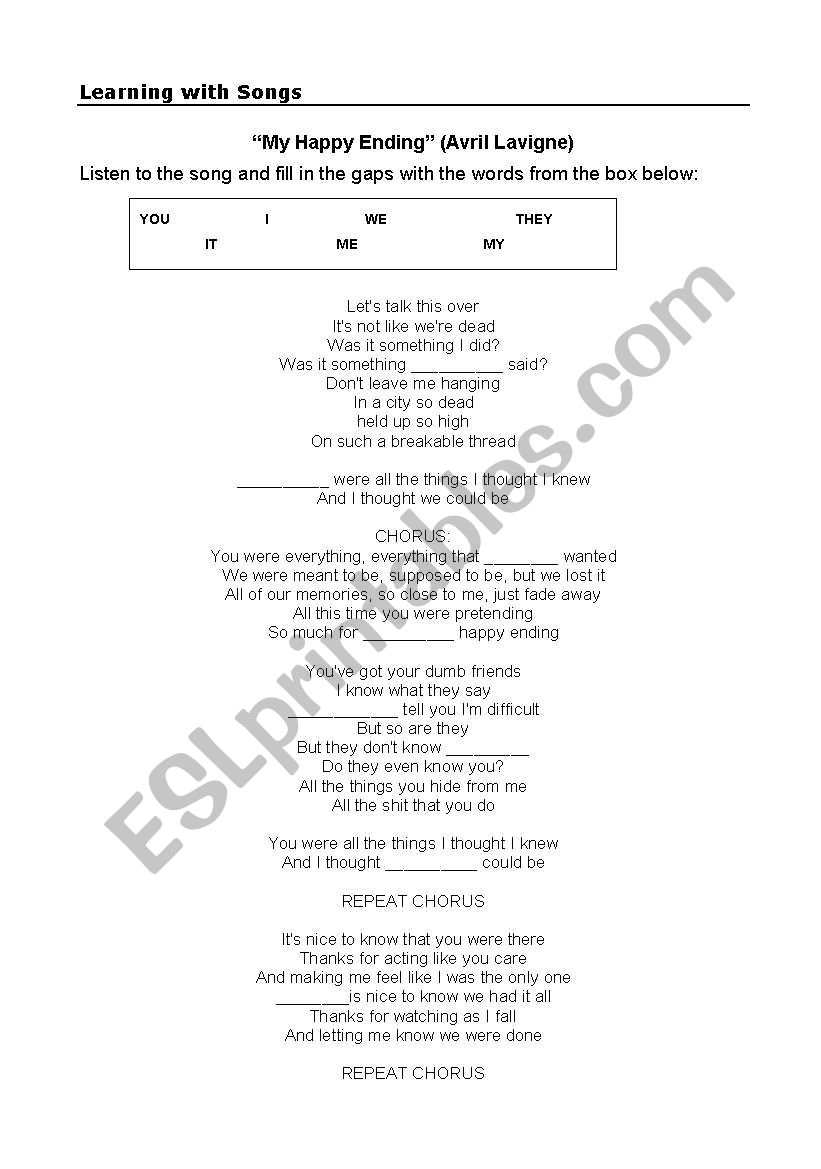 Song to fill in with pronouns and possessives! Great for teenagers!